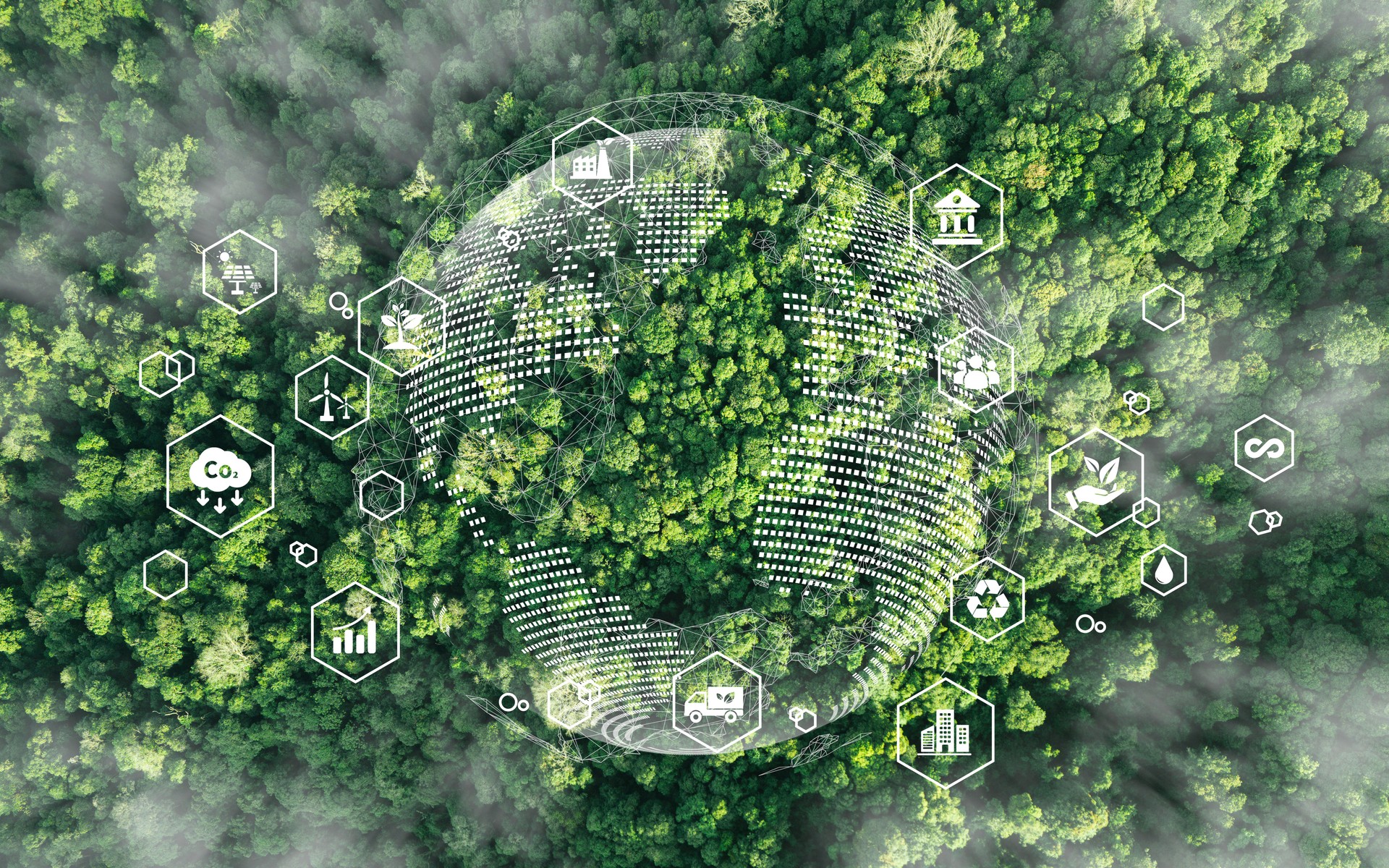 Aerial top view of green forest with icon sustainable environment, technology renewable energy, logistics or transportation, Net zero carbon neutrality, supply chain circular economy and ESG concept.