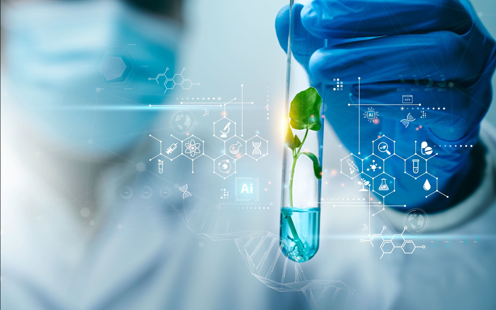 Scientist used biotechnology, ai technology, and dna plant in tube of scientific lab for medical research and Plant genetics development in Food industry. science chemistry in laboratory